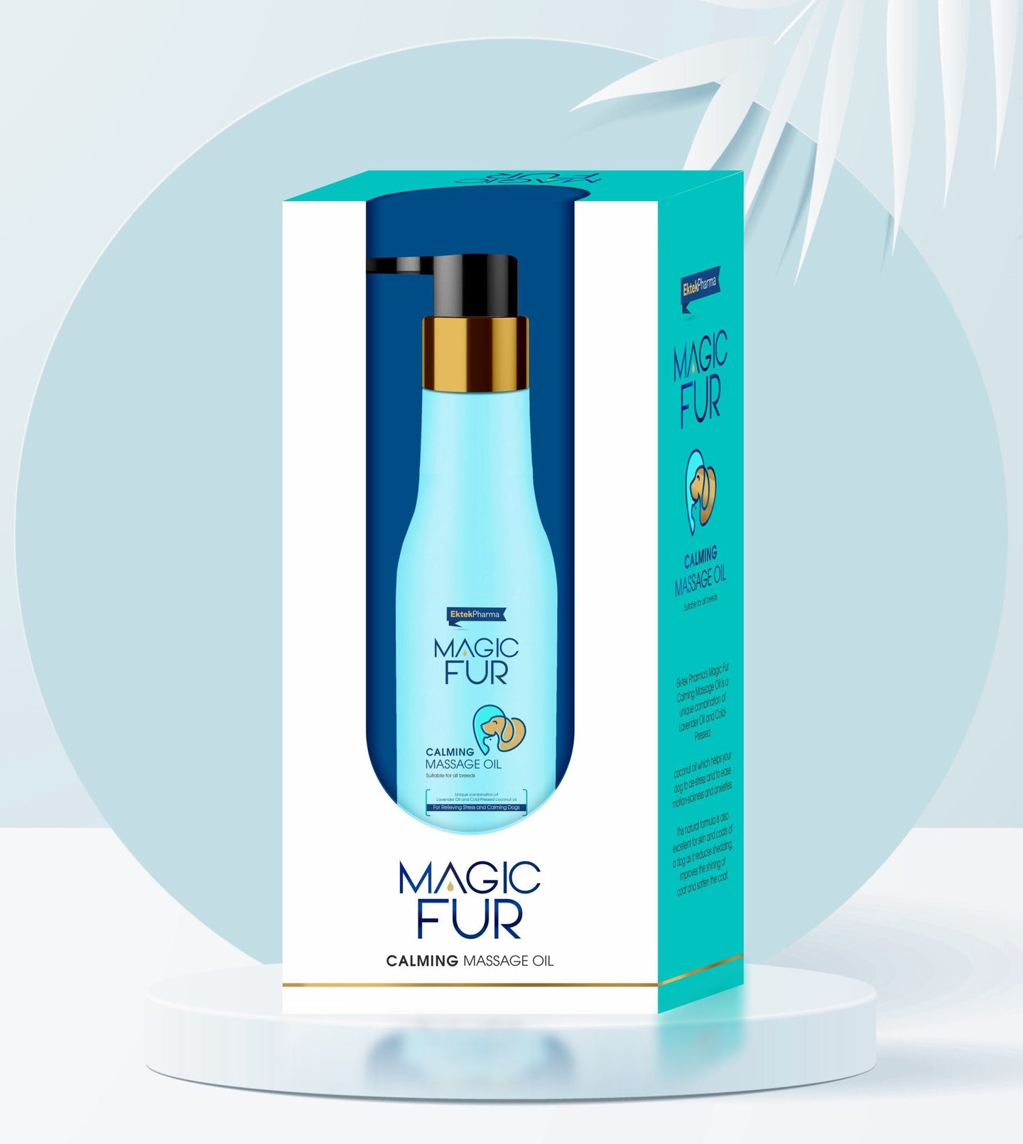 Magic Fur Calming Massage Oil 200ml in elegant packaging, designed for pet relaxation and comfort.